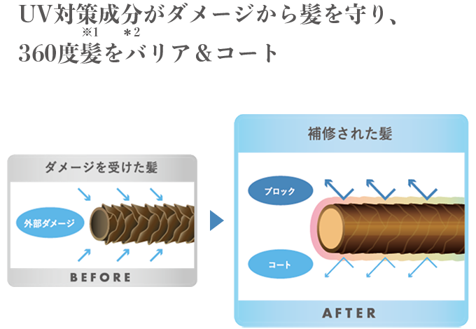 UV対策成分がダメージから髪を守り、360度髪をバリア＆コート